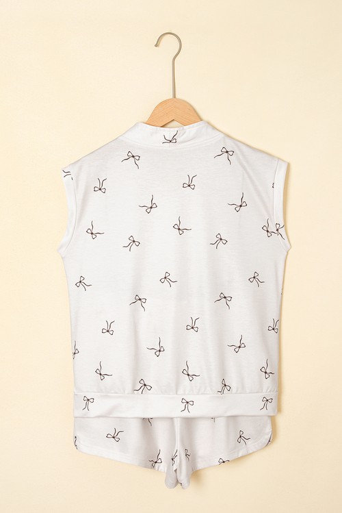 Beige Bow Print Half Zip Tank and Shorts 2pcs Set