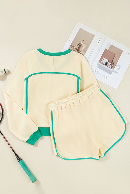 White Contrast Trim Colorblock Long Sleeve Pullover and Drawstring Shorts