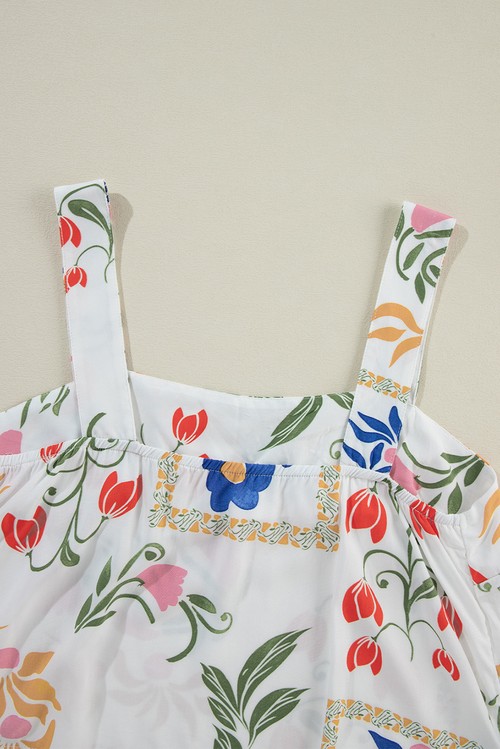 White Colorful Printed Square Neck Tank and Wide Leg Pants