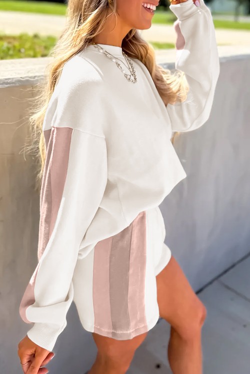 White Color Block Patchwork Drop Shoulder Pullover Casual Shorts 2pcs