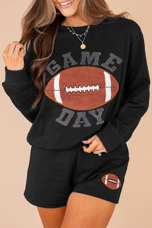 Black GAME DAY Rugby Football Graphic Pullover and Shorts Casual