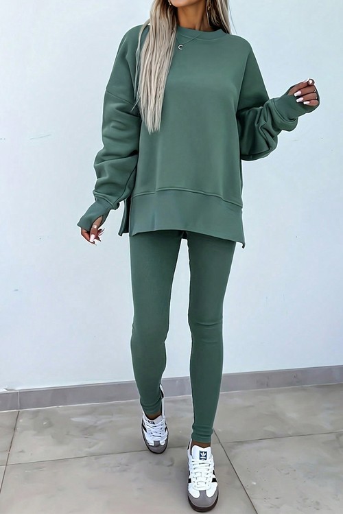Green Bay Solid Color Oversize Slit Sweatshirt Ribbed Leggings 2pcs