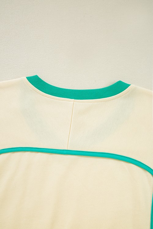 White Contrast Trim Colorblock Long Sleeve Pullover and Drawstring Shorts