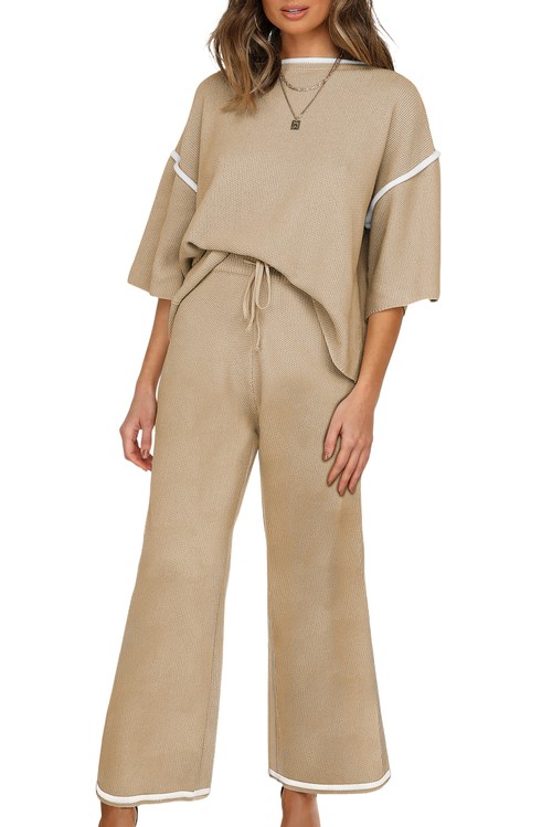 Camel Contrast Trim Half Sleeve Top Drawstring Pants Loose 2pcs