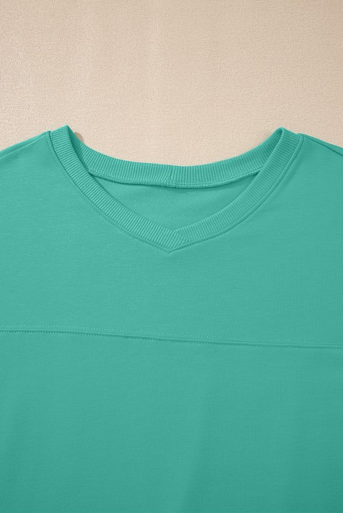 Sea Green Solid Loose V Neck Half Sleeve Tee and