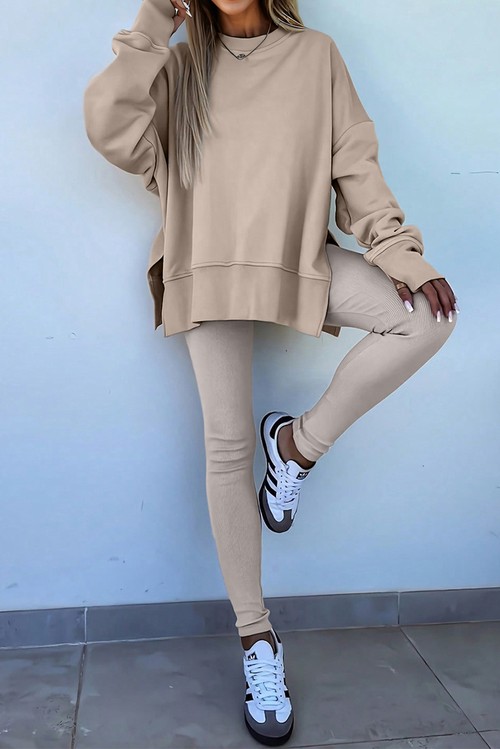 Jet Stream Solid Color Oversize Slit Sweatshirt Ribbed Leggings 2pcs
