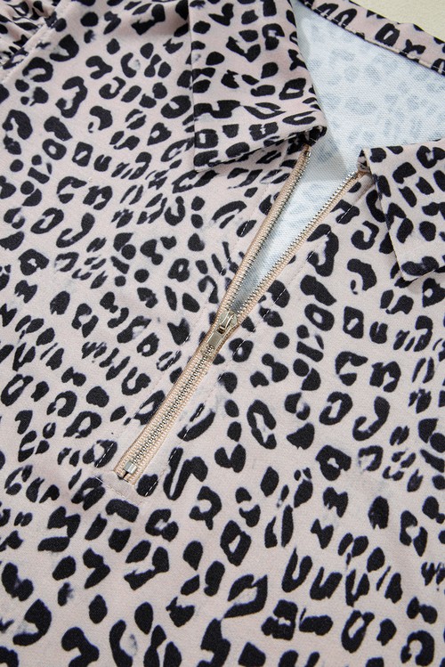 Brown Leopard Half Zipper Collared Ruffled Sleeve Top and Short