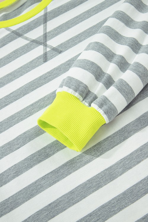Gray Stripe Contrast Ribbed Banding Long Sleeve Blouse Loose Shorts