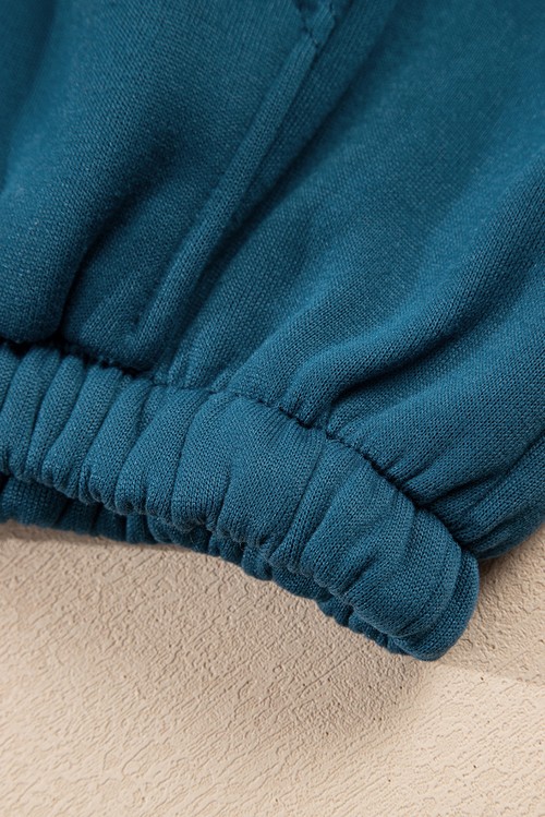 Peacock Blue Cozy Hooded Sweatshirt Drawstring Elastic Waistband Cargo Pant