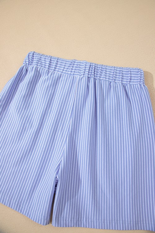 Sky Blue Stripe Dolman Sleeve Polo Shirt and Drawstring Shorts