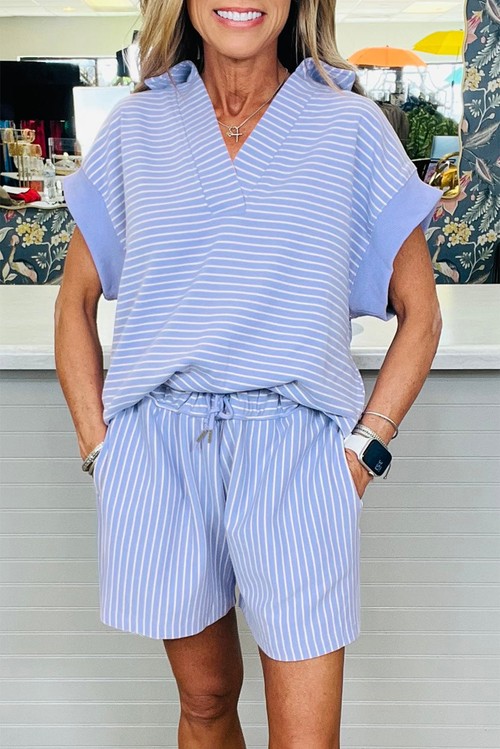 Sky Blue Stripe Dolman Sleeve Polo Shirt and Drawstring Shorts