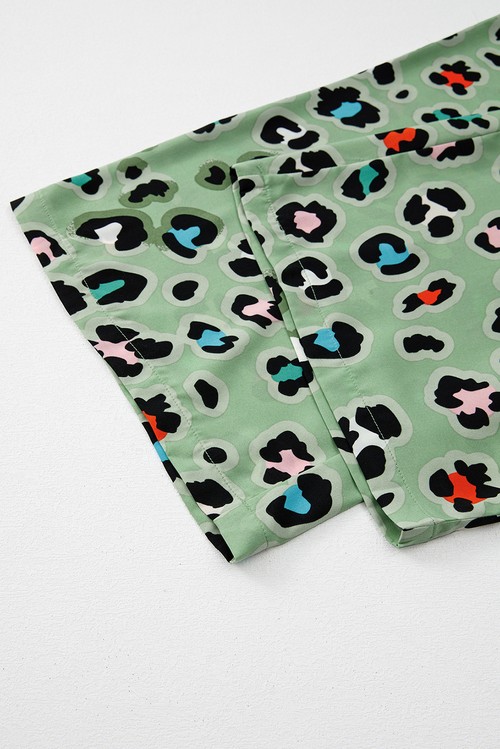 Green Leopard Print Short Sleeve Shirt and Wide Leg Pants