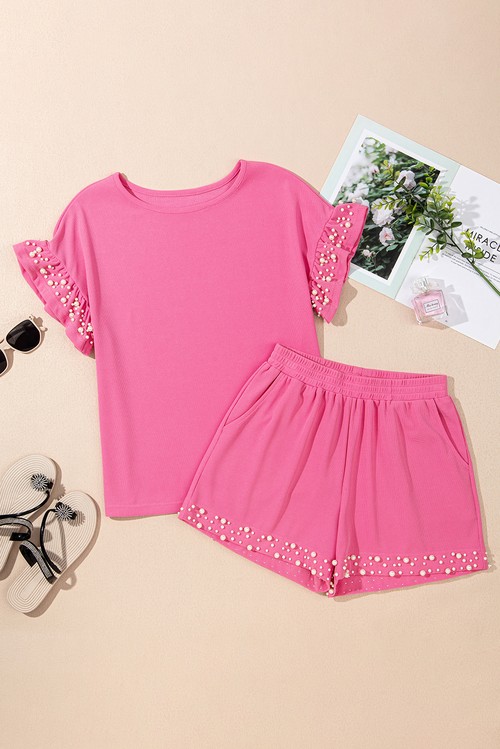 Bright Pink Textured Pearled Ruffle Sleeve Top 2 Piece Shorts