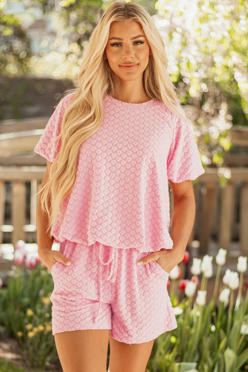 Coral Paradise Daisy Jacquard Textured Casual Short Set