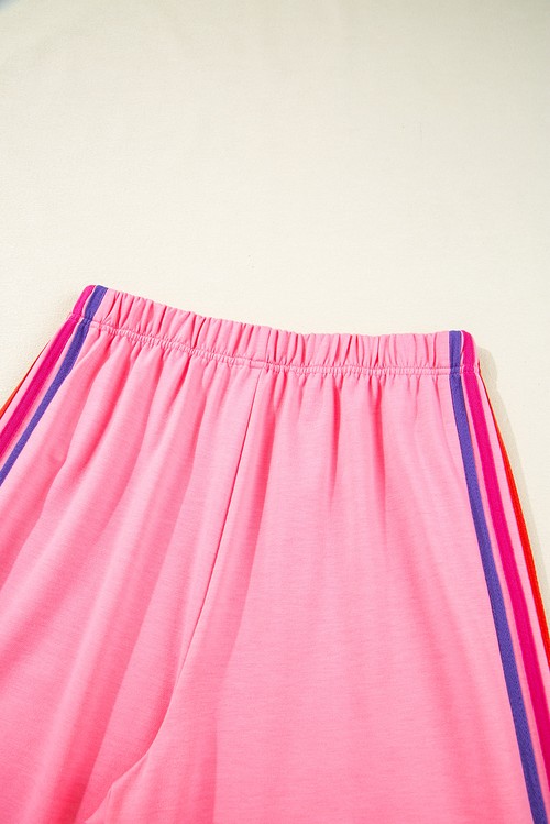 Bonbon Color Contrast Crewneck T Shirt and Wide Leg High