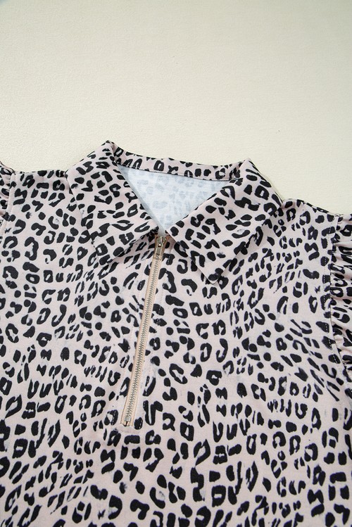 Brown Leopard Half Zipper Collared Ruffled Sleeve Top and Short