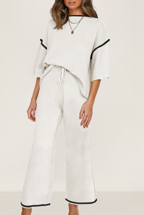 White Contrast Trim Half Sleeve Top Drawstring Pants Loose 2pcs