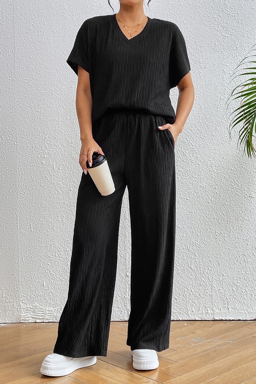 Black Ribbed Texture Side Split Loose Tee and Pants Set