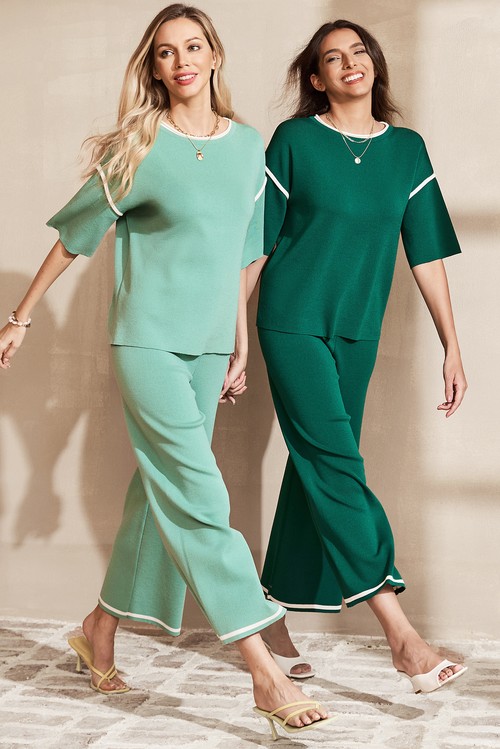 Canton Contrast Trim Half Sleeve Top Drawstring Pants Loose 2pcs