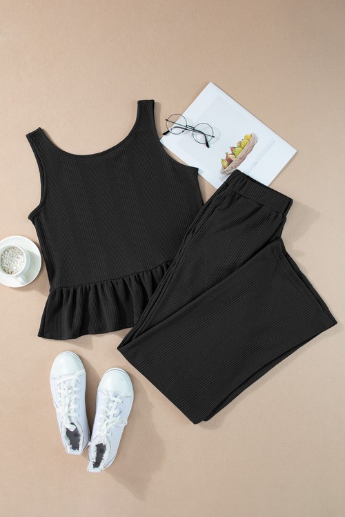 Black Solid Color Ribbed Ruffle Tank Top and Pants Set
