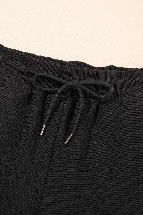 Black Textured Ruffled Sleeve Zipped Top and Wide Leg Pants