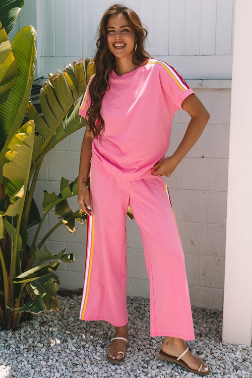 Bonbon Color Contrast Crewneck T Shirt and Wide Leg High