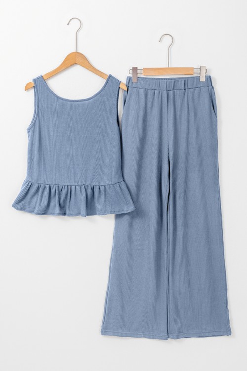 Beau Blue Solid Color Ribbed Ruffle Tank Top and Pants