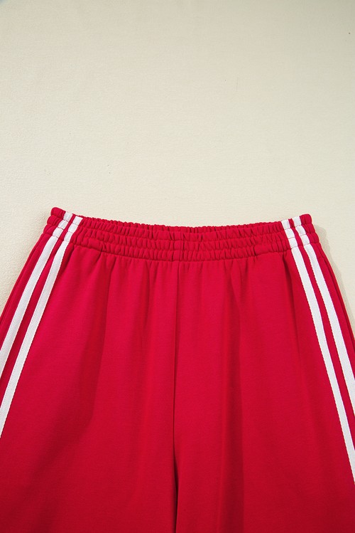 Fiery Red Varsity Striped Detail Crewneck Pullover Elastic Sweatpants 2pcs