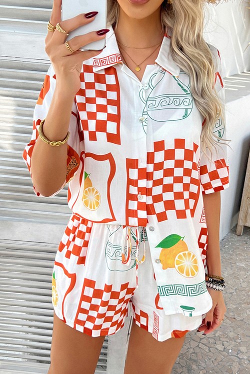 Orange Vacation Printed Loose Shirt and Drawstring Shorts Set