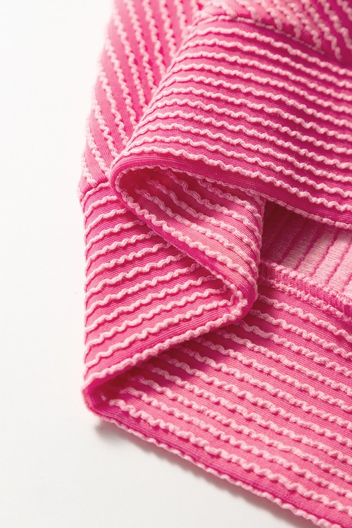Bright Pink Solid Corded Knit Short Sleeve T Shirt and