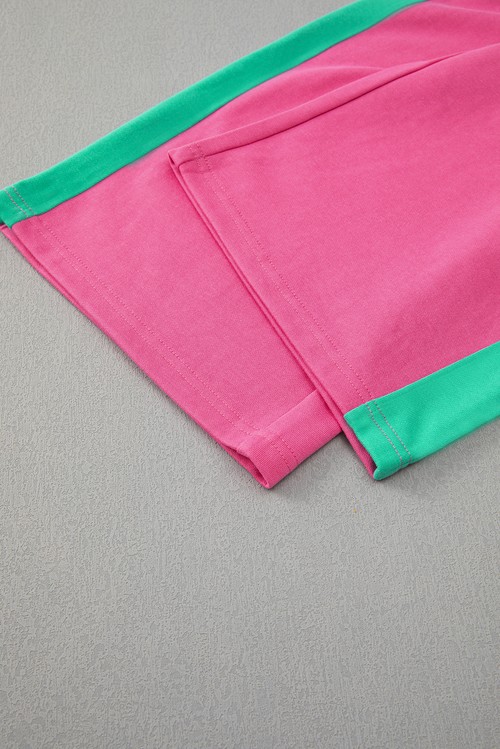 Rose Red 2pcs Color Block Pullover Loose Pant Set