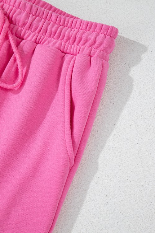 Bright Pink Solid Seamed Zipper Jacket and Drawstring Waist Pants