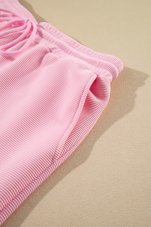 Pink Textured Ruffled Sleeve Zipped Top and Wide Leg Pants