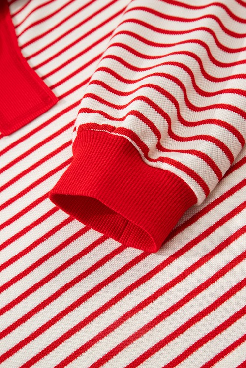 Red Stripe Collared V Neck Drop Shoulder Pullover and Skort