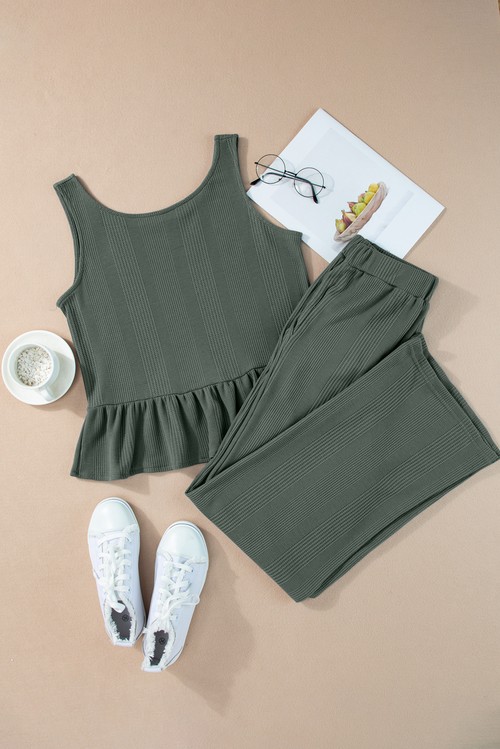 Duffel Green Solid Color Ribbed Ruffle Tank Top and Pants