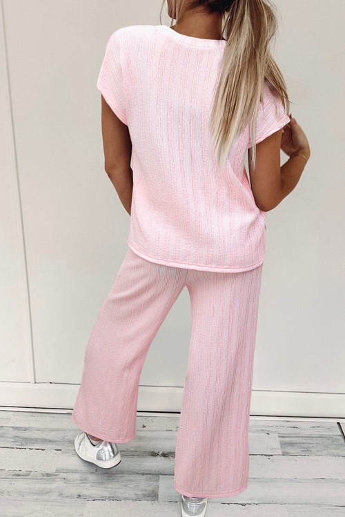 Light Pink Textured Short Sleeve Henley Top and Pocketed Wide