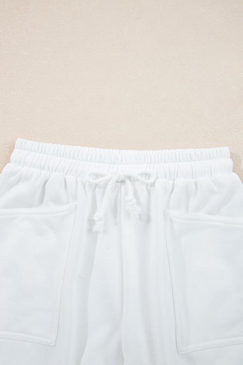 White Ribbed Collar Drop Shoulder Sweatshirt and Shorts Set