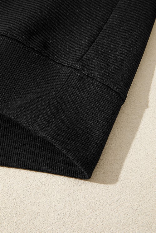 Black Ribbed Texture Baggy Drop Shoulder Pullover and Shorts Set