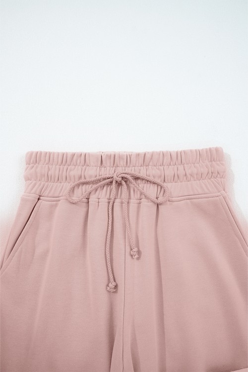 Light Pink Drop Shoulder Puff Sleeve Crop Pullover Drawstring Wide