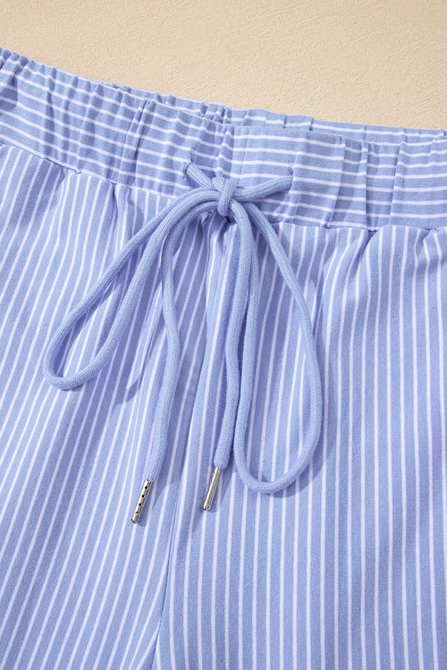 Sky Blue Stripe Dolman Sleeve Polo Shirt and Drawstring Shorts