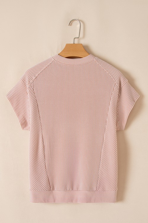 Smoke Gray Solid Corded Knit Short Sleeve T Shirt and