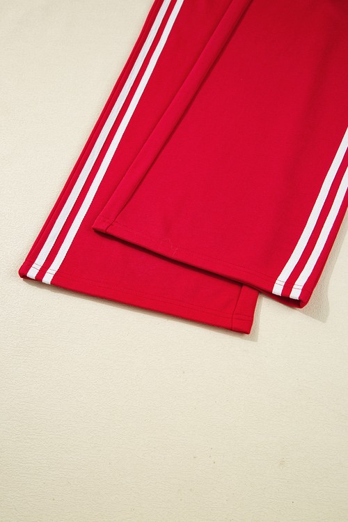 Fiery Red Varsity Striped Detail Crewneck Pullover Elastic Sweatpants 2pcs