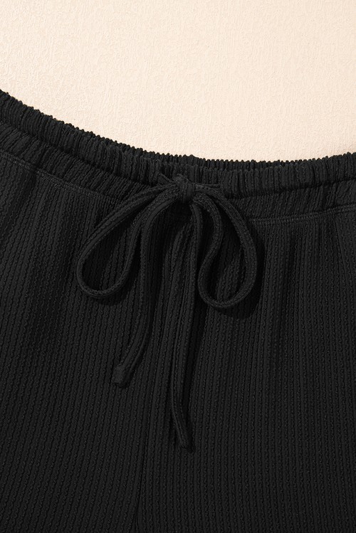 Black Solid Color Corded Short Sleeve Top and Casual Pants