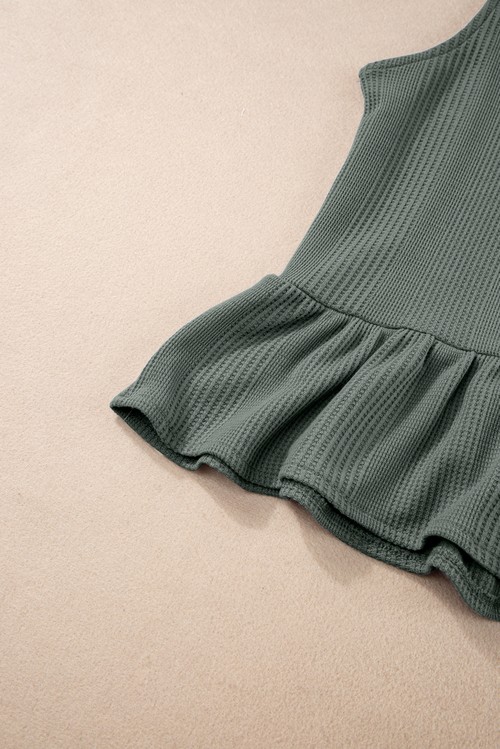 Duffel Green Solid Color Ribbed Ruffle Tank Top and Pants