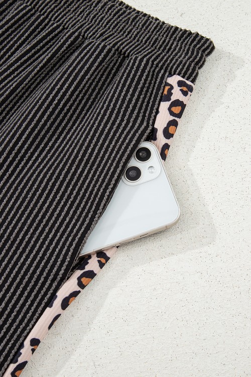Carbon Grey Leopard Patchwork Edge Twisted Rib T Shirt and