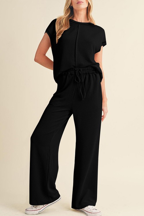 Black Solid Color Corded Short Sleeve Top and Casual Pants