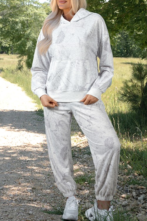 Light Grey Abstract Print Loose Drop Sleeve Hoodie Elastic Waistband