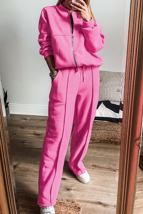 Bright Pink Solid Seamed Zipper Jacket and Drawstring Waist Pants