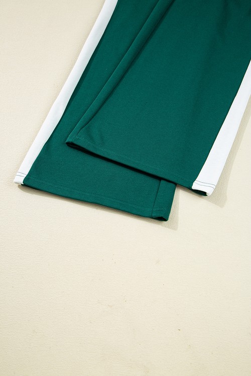 Sea Green Solid Color Pullover Top Varsity Stripe Detail Loose
