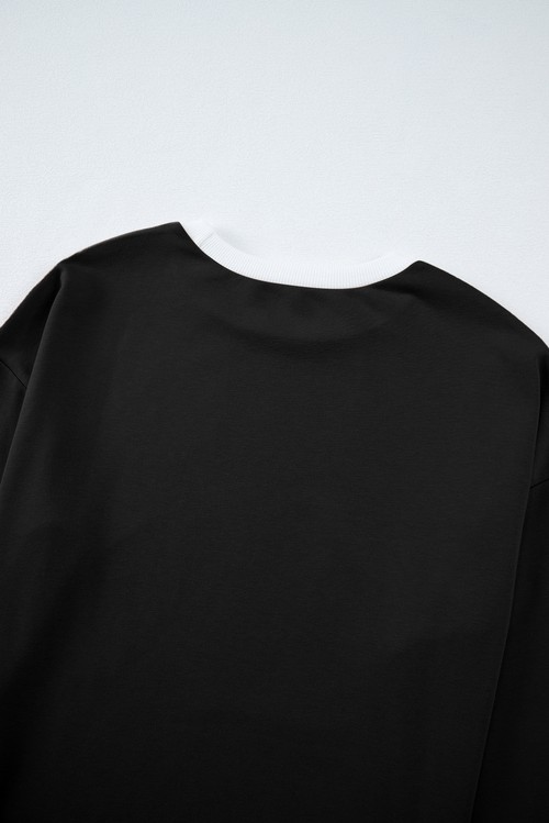 Black Varsity Stripe Patchwork Puff Sleeve Pullover Drawstring Wide Leg